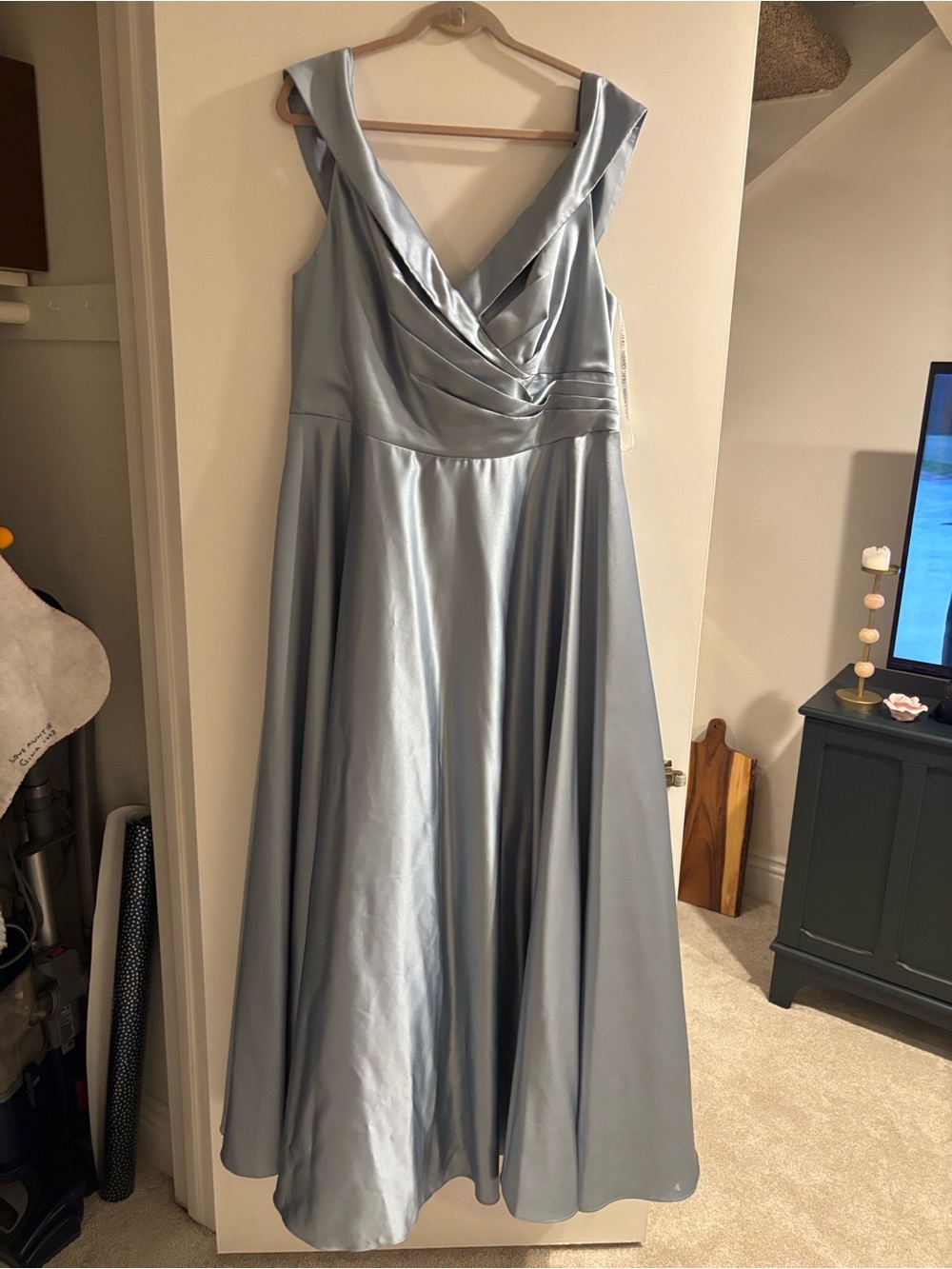 Oleg Cassini Silver-Blue Satin V-Neck Maxi Dress